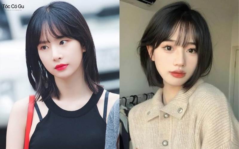 Tóc ngắn kết hợp cùng mái bằng cho cô nàng mặt dài