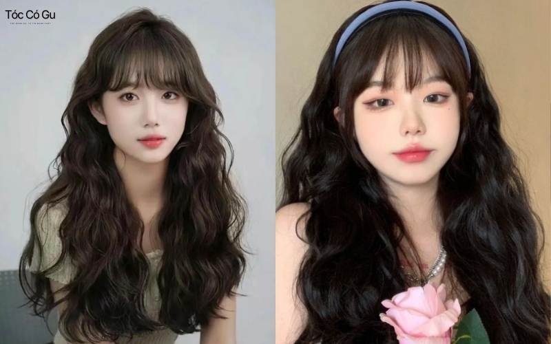 Tóc xoăn kết hợp cùng mái bằng nhẹ nhàng, nữ tính