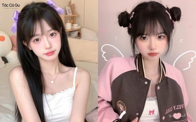 Tóc mái thưa dài hai bên hợp mặt tròn