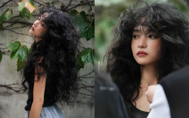 Tóc uốn hippie đánh rối bồng bềnh hợp mặt dài