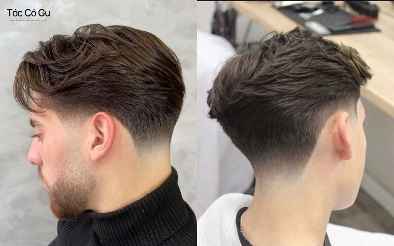 kiểu tóc Taper Fade với hai bên và sau gáy được tỉa mờ dần, giữ phần đỉnh dài để tạo kiểu.