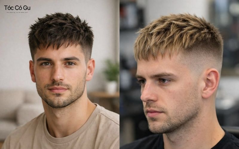 Kểu tóc Textured Crop với phần trên tỉa layer tạo texture rối tự nhiên, hai bên fade gọn gàng và mái ngắn ngang trán trẻ trung