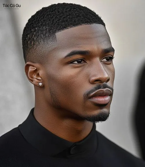 Chân dung một người đàn ông da đen điển trai với kiểu tóc buzz cut Fade High ngắn, đen, dày và râu quai nón được cắt tỉa gọn gàng