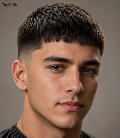 Ảnh chân dung người đàn ông với kiểu tóc buzz cut 3cm ngắn ở đỉnh và đường fade ở hai bên thái dương