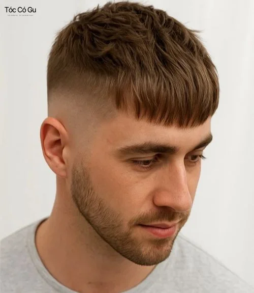 Kiểu tóc Modern Caesar Cut với phần mái cắt ngang, tóc trên đỉnh tỉa texture và fade cao hai bên