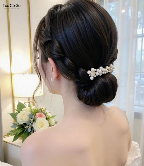 15+ kiểu tóc cô dâu đẹp giúp nàng tỏa sáng trong ngày lễ cưới Kiểu tóc búi thấp thanh lịch, phù hợp với nhiều phong cách váy cưới.
